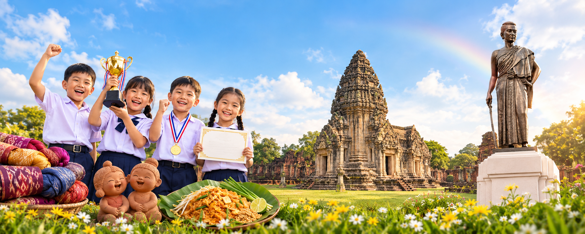 นักเรียนสาธิตฯ ถือถ้วยรางวัลและเกียรติบัตร หน้าปราสาทหินพิมาย จังหวัดนครราชสีมา